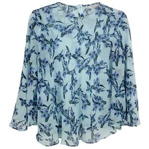 Zara Floral Chiffon Office Casual Bell Sleeve Flowy Blue Lightweight Blouse L